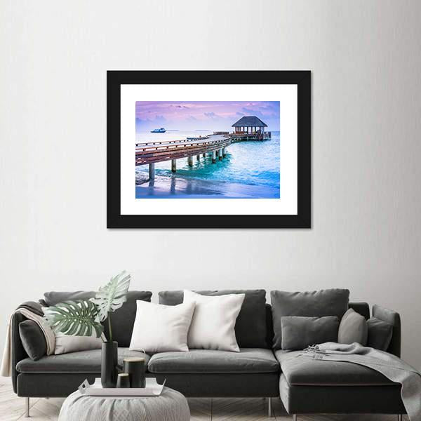 Wooden Pier And Blue Sea At Maldives Canvas Wall Art-3 Horizontal-Gallery Wrap-25" x 16"-Tiaracle