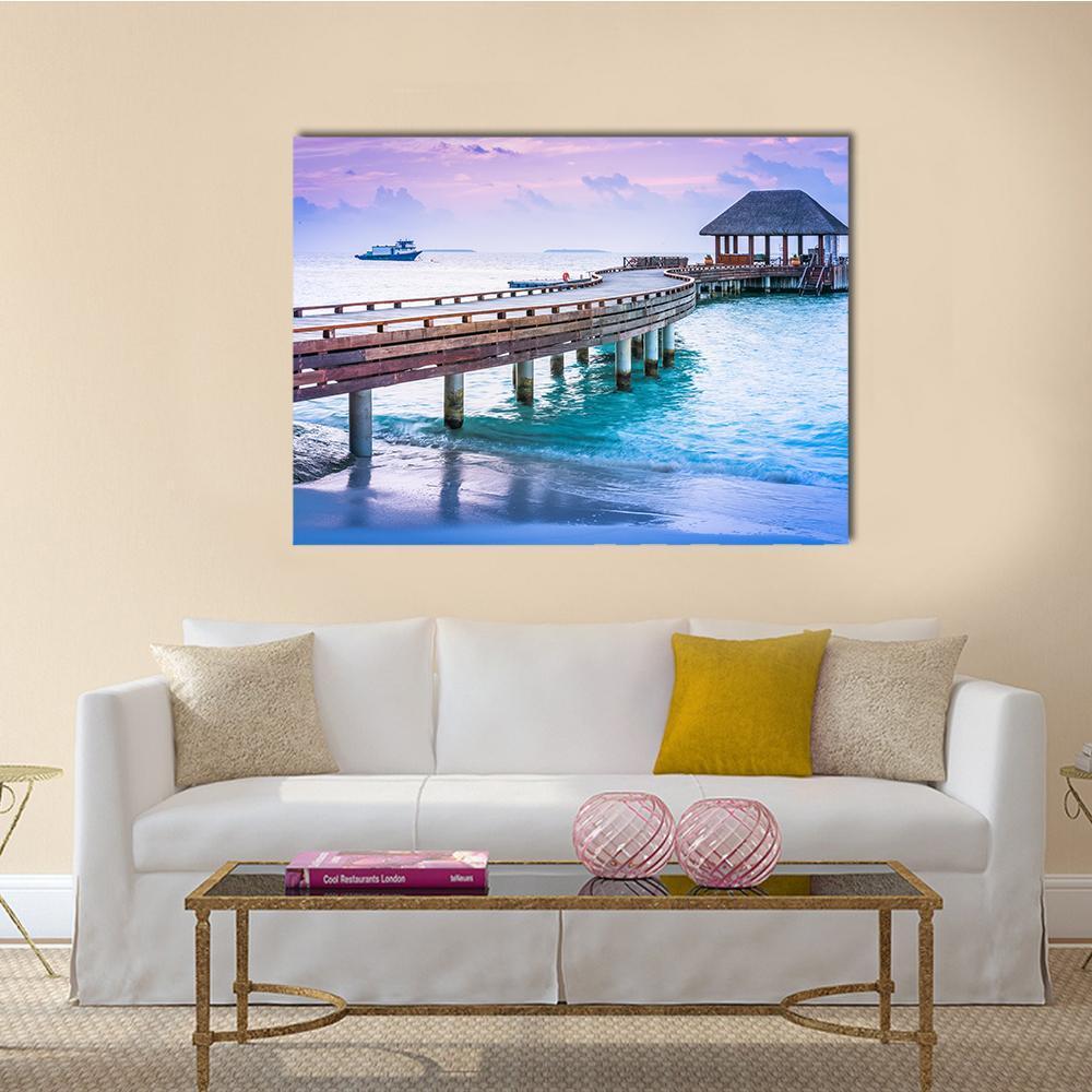 Wooden Pier And Blue Sea At Maldives Canvas Wall Art-1 Piece-Gallery Wrap-48" x 32"-Tiaracle