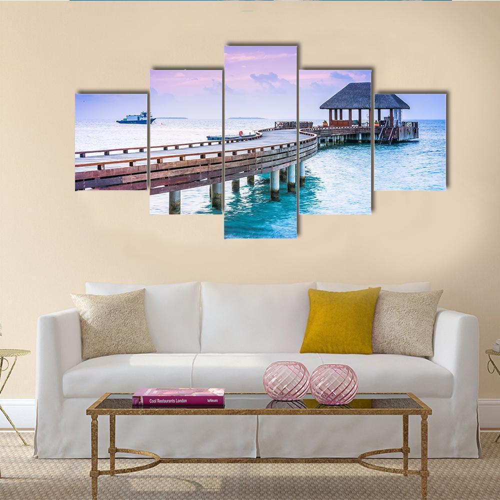 Wooden Pier And Blue Sea At Maldives Canvas Wall Art-5 Star-Gallery Wrap-62" x 32"-Tiaracle