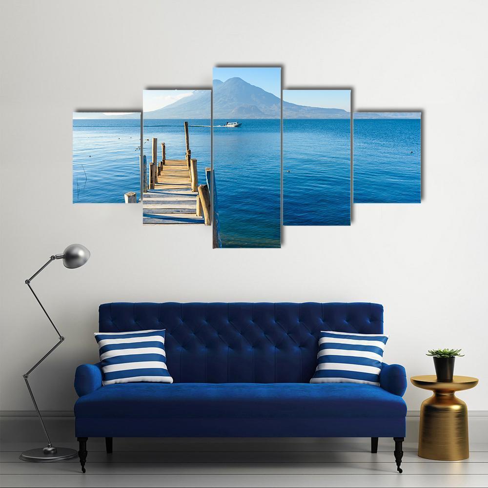 Wooden Pier At Lake Atitlan Canvas Wall Art-5 Star-Gallery Wrap-62" x 32"-Tiaracle