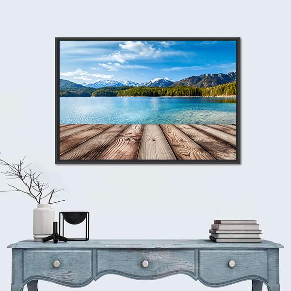 Wooden Planks With Lake In Alps Germany Canvas Wall Art-1 Piece-Floating Frame-36" x 24"-Tiaracle