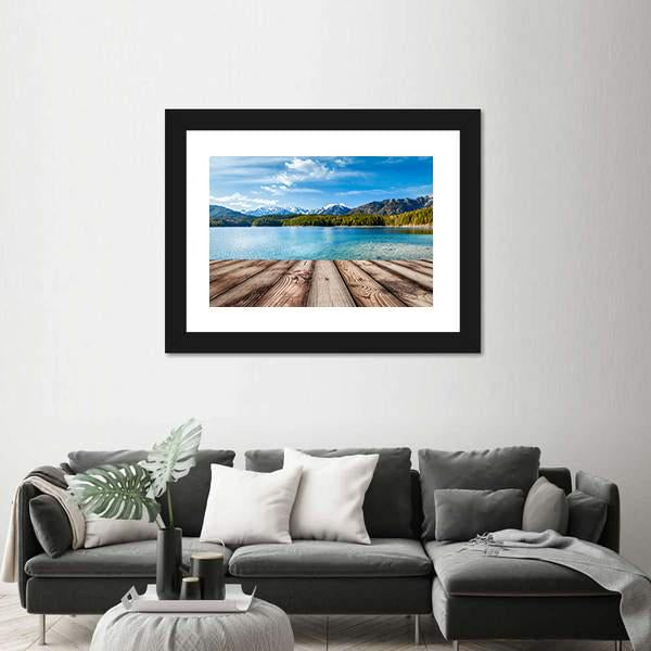 Wooden Planks With Lake In Germany Alps Panoramic Canvas Wall Art-1 Piece-36" x 12"-Tiaracle