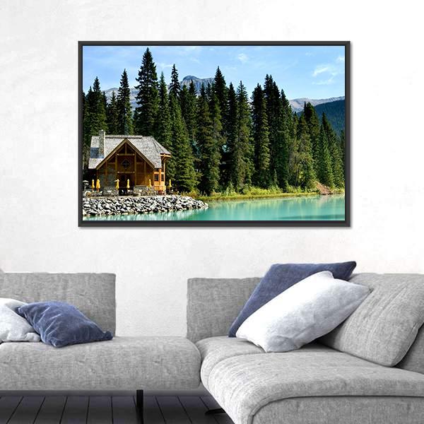 Wooden Retreat On Emerald lake Canvas Wall Art-3 Horizontal-Gallery Wrap-25" x 16"-Tiaracle