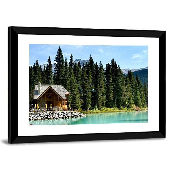 Wooden Retreat On Emerald lake Canvas Wall Art-3 Horizontal-Gallery Wrap-25" x 16"-Tiaracle
