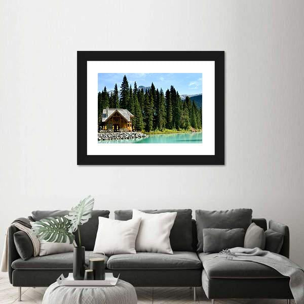 Wooden Retreat On Emerald Lake Canvas Wall Art-5 Horizontal-Gallery Wrap-22" x 12"-Tiaracle