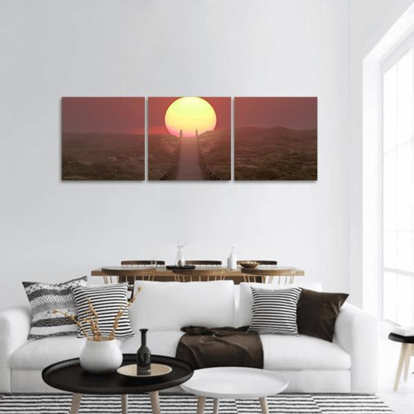 Wooden Walkway Near Sea Side Panoramic Canvas Wall Art-3 Piece-25" x 08"-Tiaracle