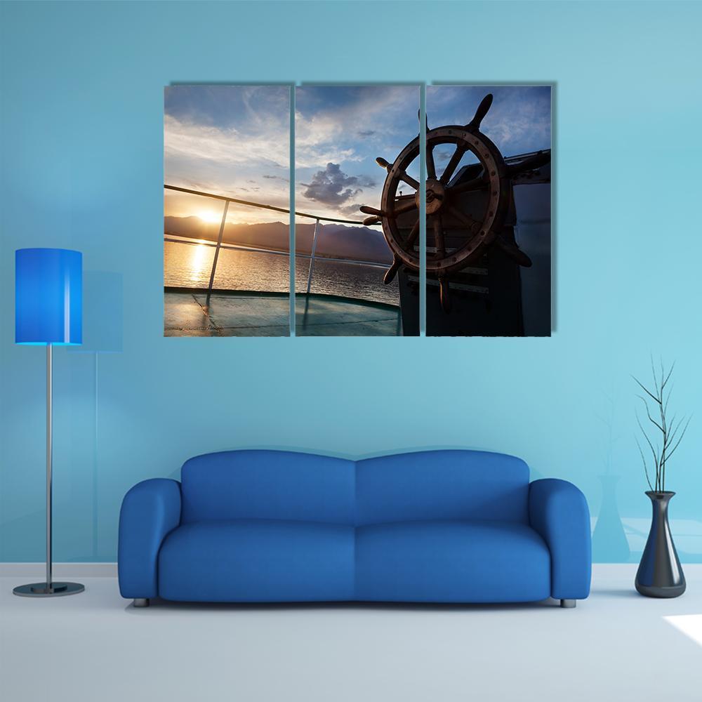 Wooden Wheel On The Ship At Sunset Canvas Wall Art-3 Horizontal-Gallery Wrap-37" x 24"-Tiaracle