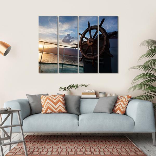 Wooden Wheel On The Ship At Sunset Canvas Wall Art-4 Horizontal-Gallery Wrap-34" x 24"-Tiaracle