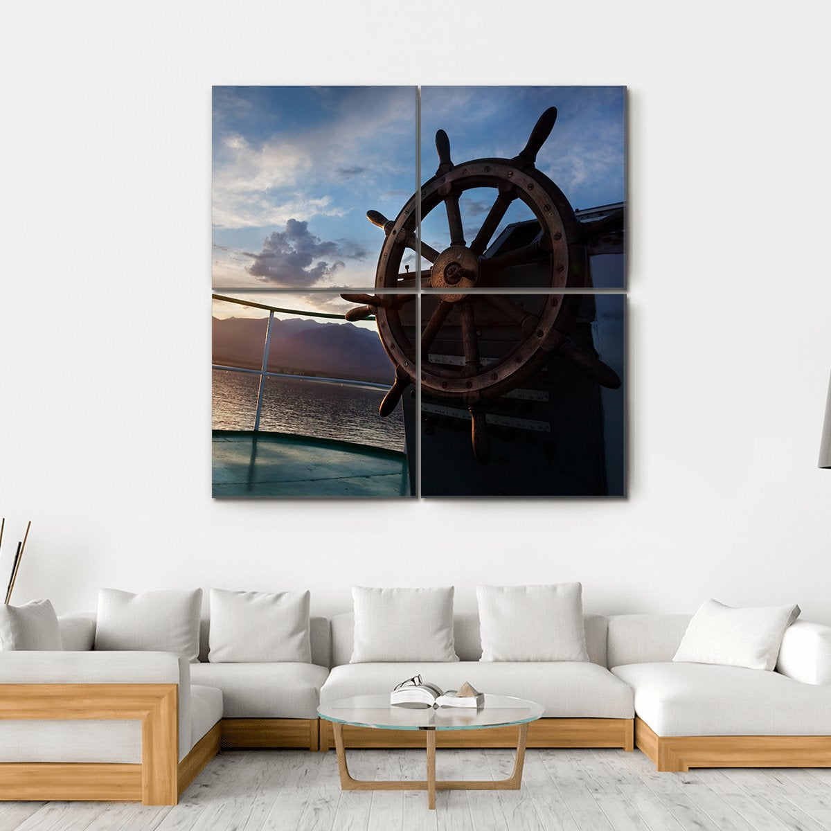Wooden Wheel On The Ship At Sunset Canvas Wall Art-4 Square-Gallery Wrap-17" x 17"-Tiaracle