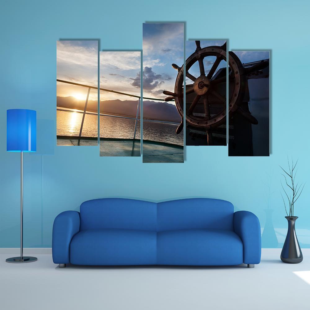 Wooden Wheel On The Ship At Sunset Canvas Wall Art-5 Pop-Gallery Wrap-47" x 32"-Tiaracle
