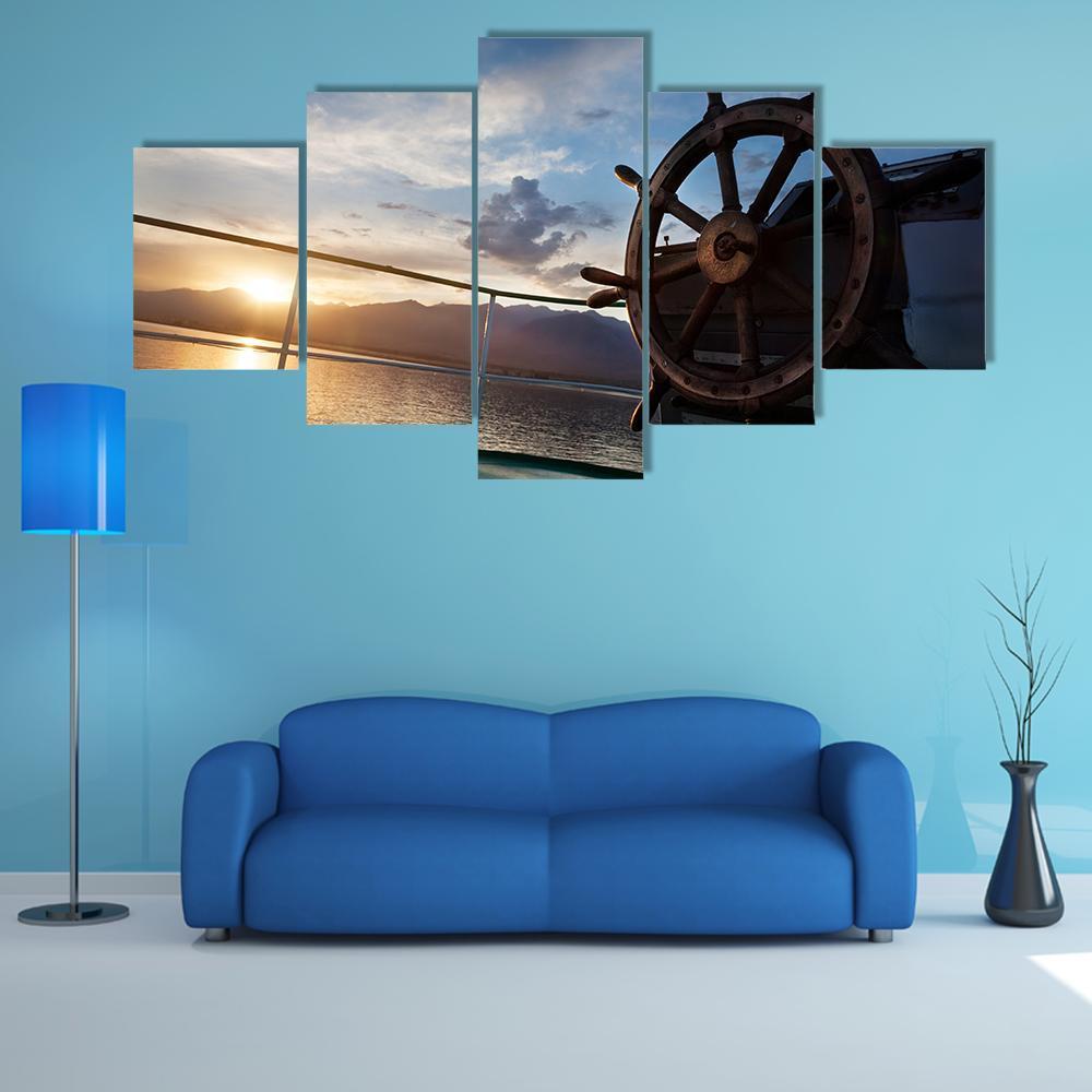 Wooden Wheel On The Ship At Sunset Canvas Wall Art-5 Star-Gallery Wrap-62" x 32"-Tiaracle