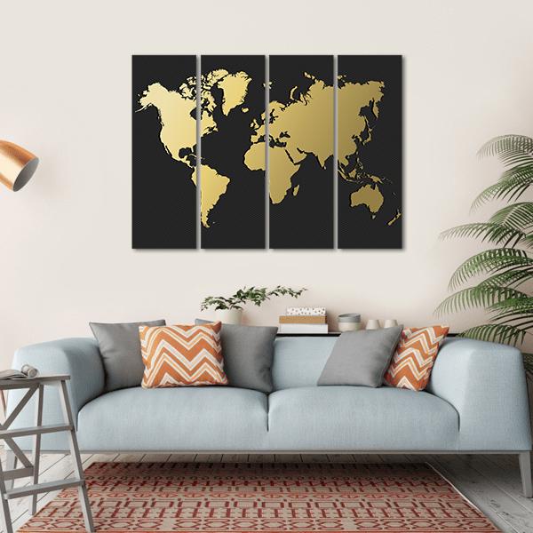 World Map Silhouette In Gold Color Canvas Wall Art-4 Horizontal-Gallery Wrap-34" x 24"-Tiaracle