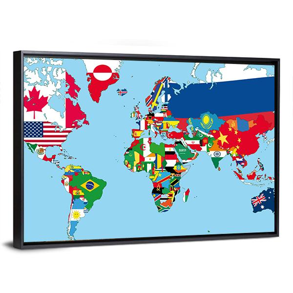 World Map With All States And Their Flags Canvas Wall Art-3 Horizontal-Gallery Wrap-25" x 16"-Tiaracle
