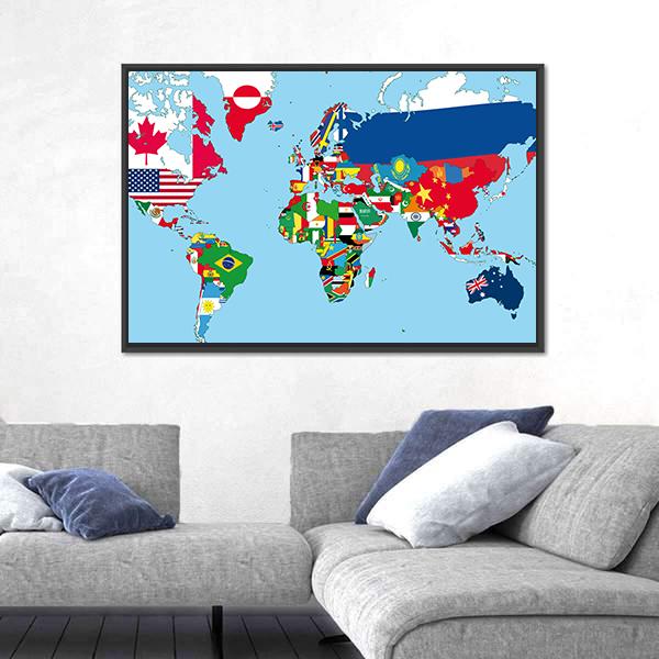 World Map With All States And Their Flags Canvas Wall Art-3 Horizontal-Gallery Wrap-25" x 16"-Tiaracle