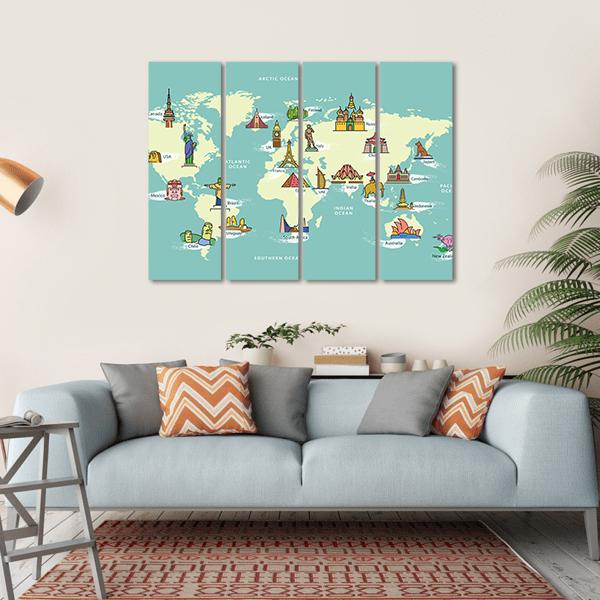 World Map With Landmark Of Famous Country Symbol Canvas Wall Art-4 Horizontal-Gallery Wrap-34" x 24"-Tiaracle