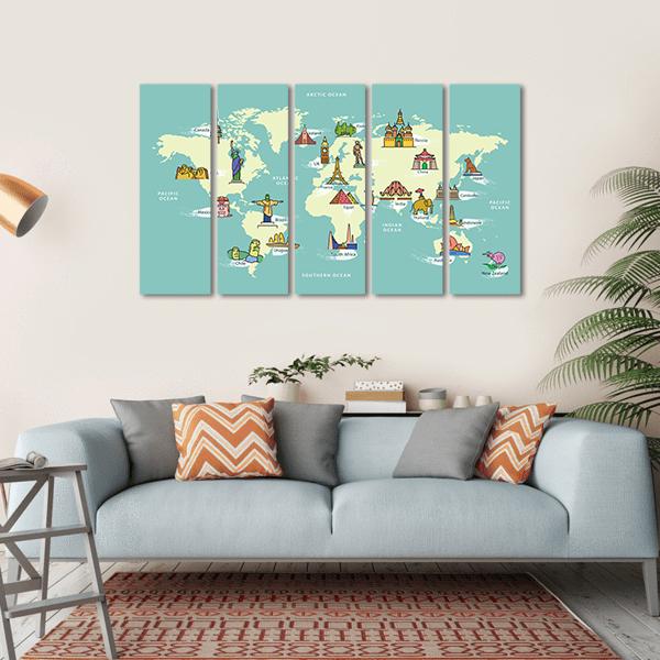 World Map With Landmark Of Famous Country Symbol Canvas Wall Art-5 Horizontal-Gallery Wrap-22" x 12"-Tiaracle