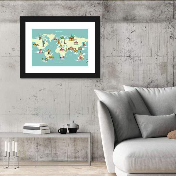 World Map With Landmark Of Famous Country Symbol Panoramic Canvas Wall Art-1 Piece-36" x 12"-Tiaracle