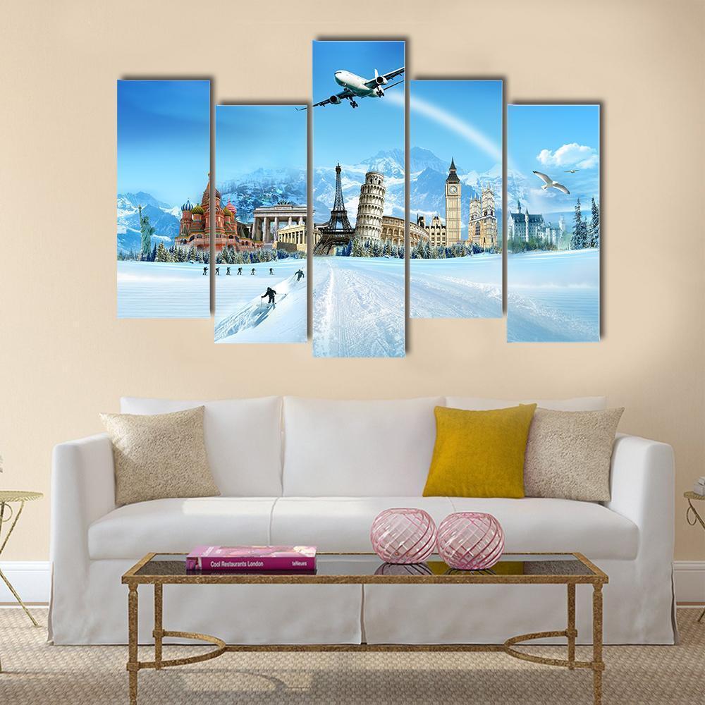 World Monuments And Mountains Canvas Wall Art-5 Pop-Gallery Wrap-47" x 32"-Tiaracle