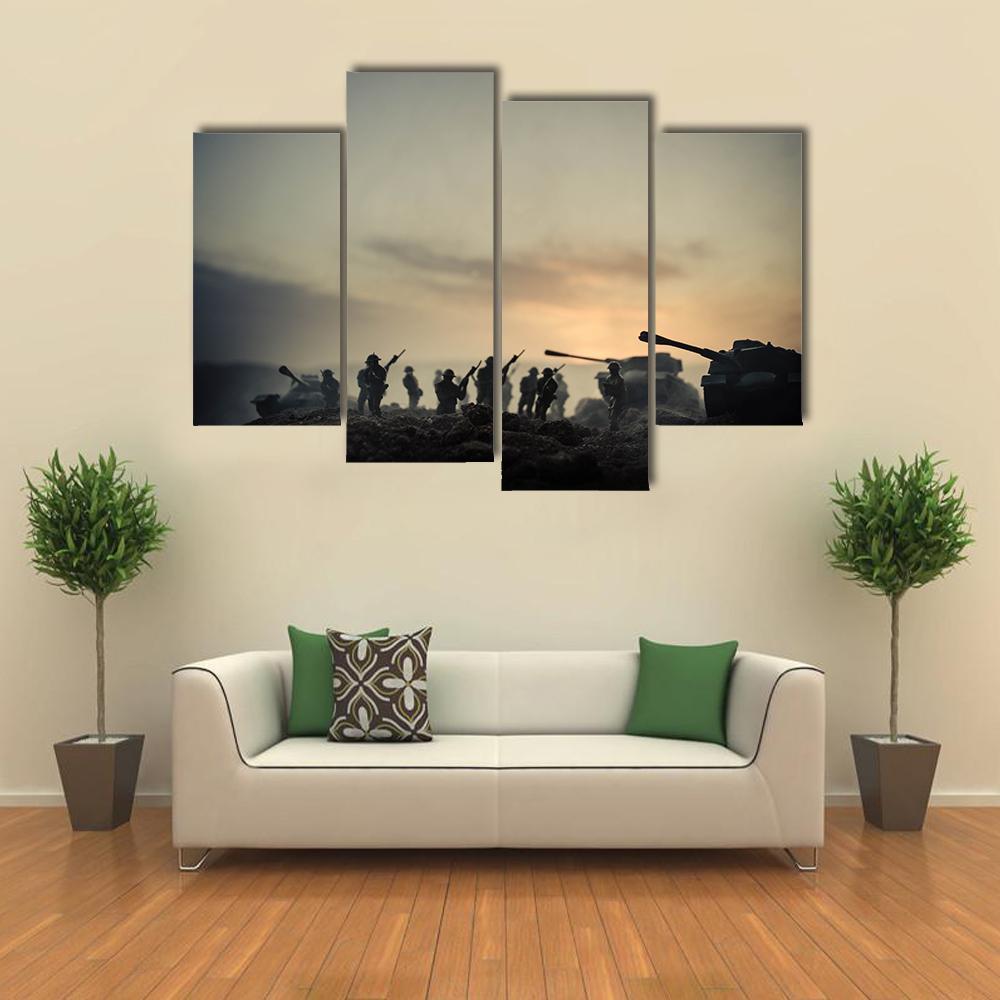 World War Soldiers Silhouettes Canvas Wall Art-4 Pop-Gallery Wrap-50" x 32"-Tiaracle