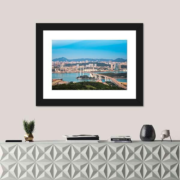 Xiamen Haicang Bridge At Dusk Canvas Wall Art-1 Piece-Framed Print-30" x 20"-Tiaracle