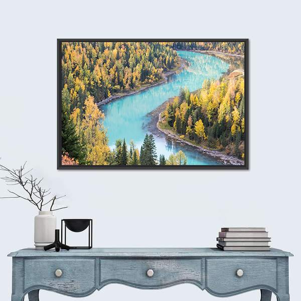 Xinjiang Kanas Autumn Landscape In China Canvas Wall Art-1 Piece-Floating Frame-24" x 16"-Tiaracle