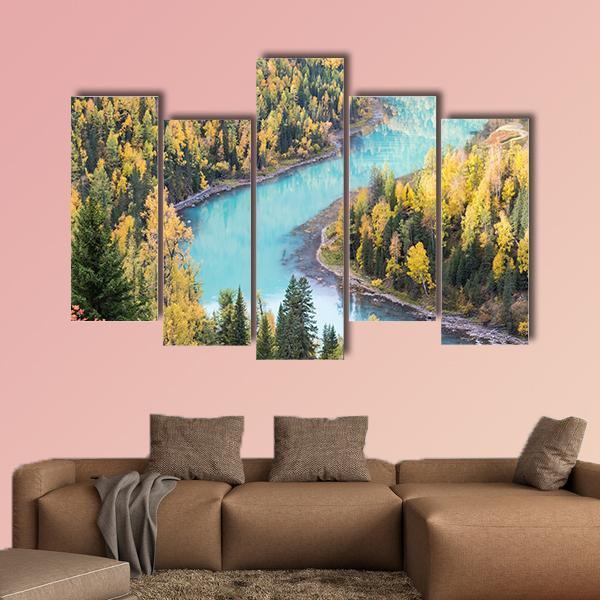 Xinjiang Kanas Autumn Landscape In China Canvas Wall Art-5 Pop-Gallery Wrap-47" x 32"-Tiaracle