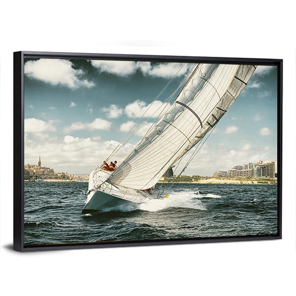 Yacht Illustration In Coastal Area Canvas Wall Art-3 Horizontal-Gallery Wrap-25" x 16"-Tiaracle