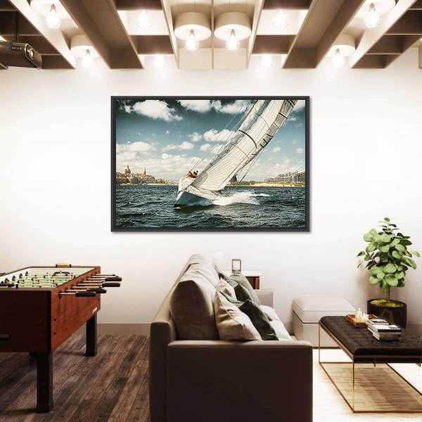 Yacht Illustration In Coastal Area Vertical Canvas Wall Art-3 Vertical-Gallery Wrap-12" x 25"-Tiaracle