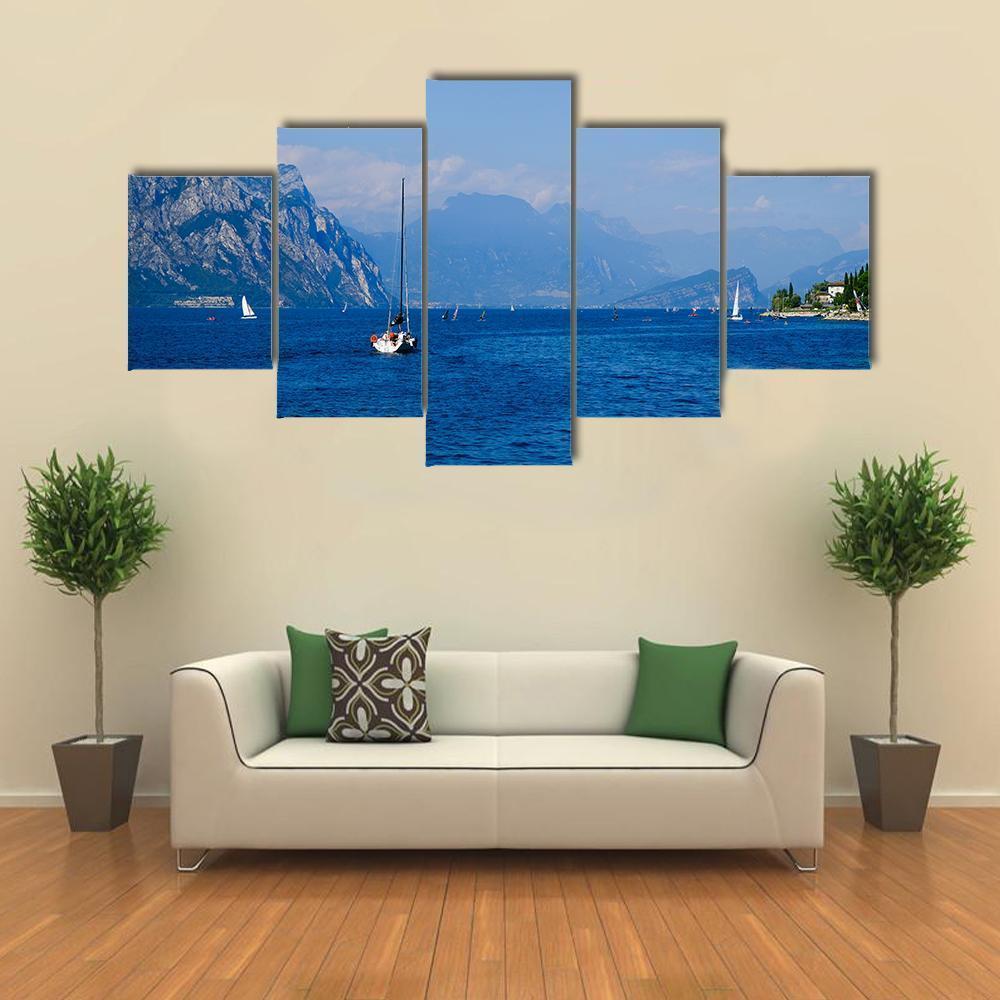 Yacht On Mountain Lake Garda Canvas Wall Art-5 Star-Gallery Wrap-62" x 32"-Tiaracle