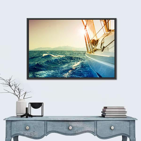 Yacht Sailing Against Sunset Canvas Wall Art-1 Piece-Floating Frame-24" x 16"-Tiaracle