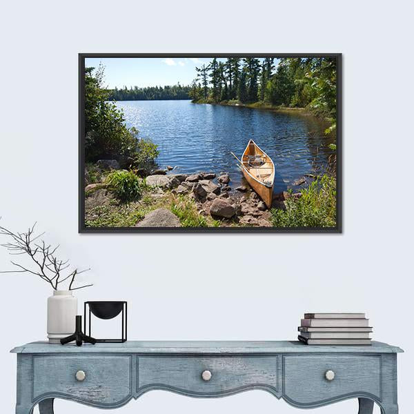 Yellow Canoe In Lake Canvas Wall Art-1 Piece-Floating Frame-24" x 16"-Tiaracle