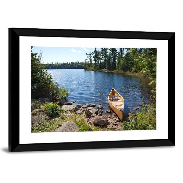 Yellow Canoe In Lake Canvas Wall Art-5 Horizontal-Gallery Wrap-22" x 12"-Tiaracle