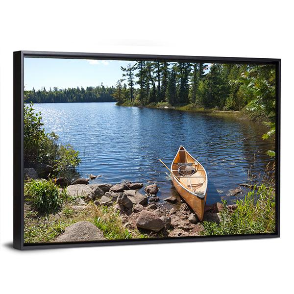 Yellow Canoe In Lake Canvas Wall Art-5 Horizontal-Gallery Wrap-22" x 12"-Tiaracle