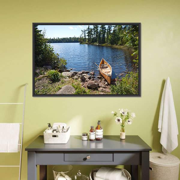Yellow Canoe In Lake Canvas Wall Art-1 Piece-Floating Frame-24" x 16"-Tiaracle