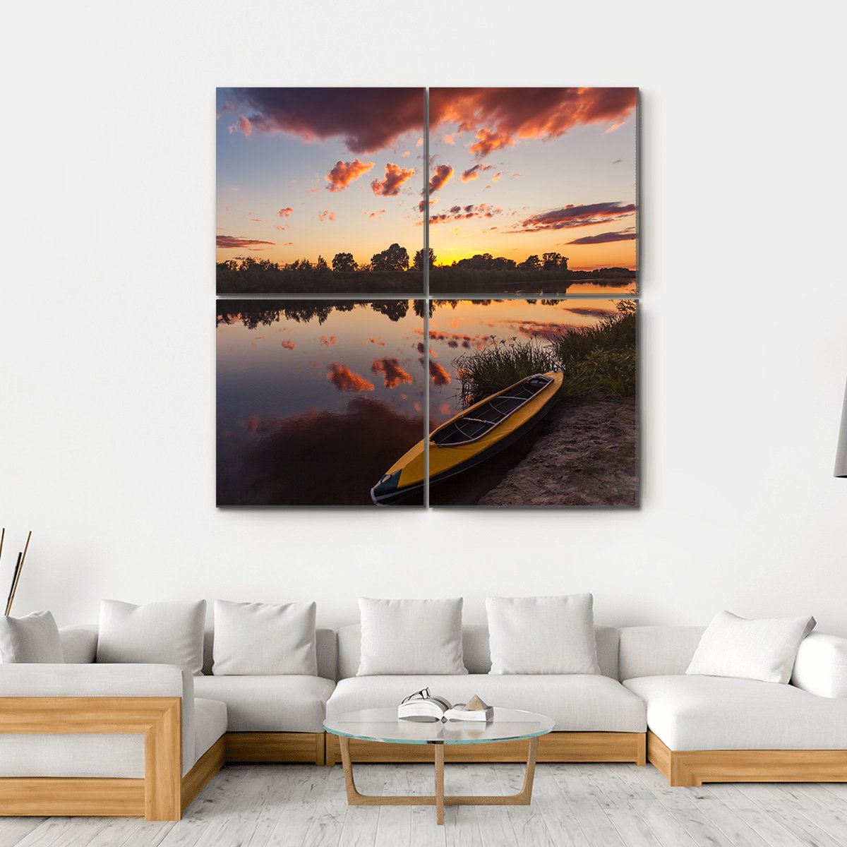 Yellow Kayak On Riverside Canvas Wall Art-4 Square-Gallery Wrap-17" x 17"-Tiaracle