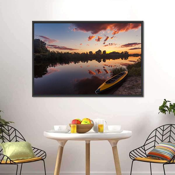 Yellow Kayak On Riverside Canvas Wall Art-1 Piece-Floating Frame-24" x 16"-Tiaracle