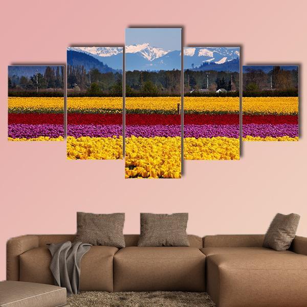 Yellow Red Purple Tulips Flowers Daffodils Canvas Wall Art-5 Star-Gallery Wrap-62" x 32"-Tiaracle