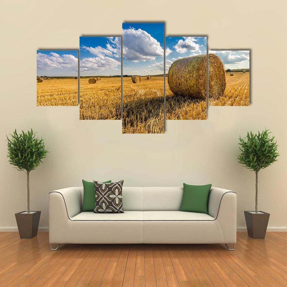 Yellow Sheaf Of Hay On The Field Canvas Wall Art-5 Star-Gallery Wrap-62" x 32"-Tiaracle