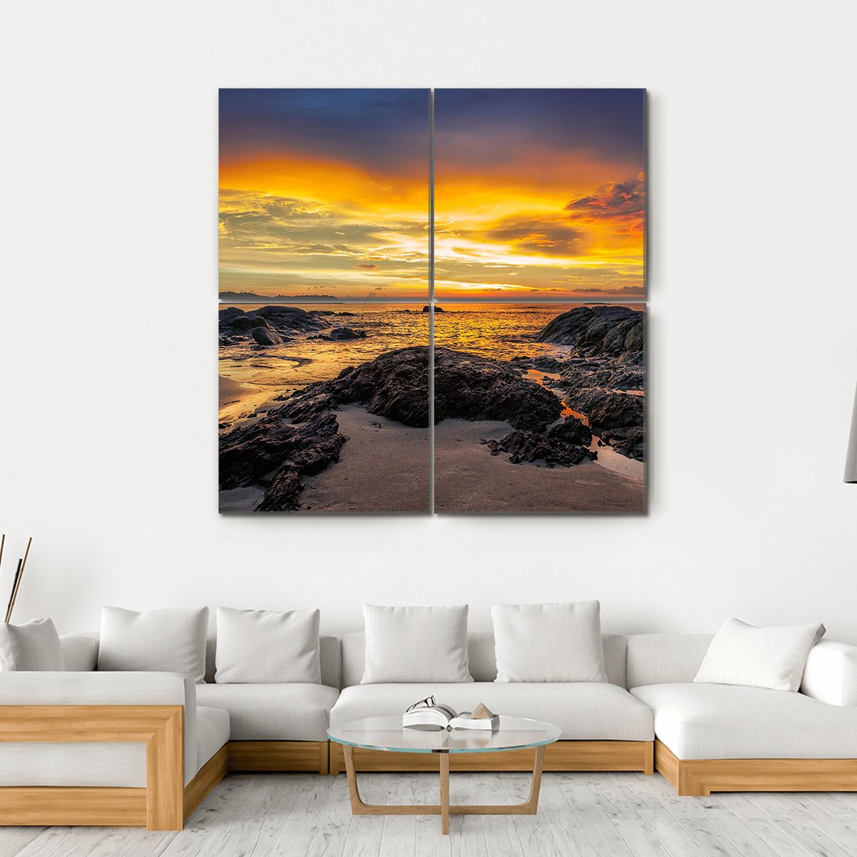 Yellow Sunset Over Sea Canvas Wall Art-4 Square-Gallery Wrap-17" x 17"-Tiaracle