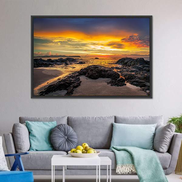 Yellow Sunset Over Sea Canvas Wall Art-5 Horizontal-Gallery Wrap-22" x 12"-Tiaracle