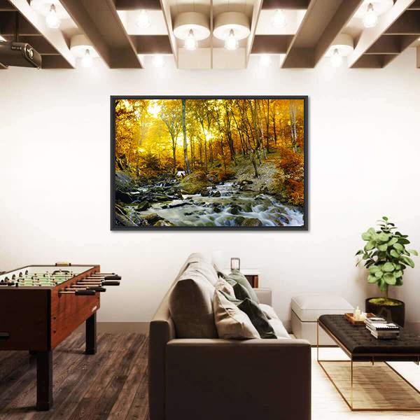 Yellow Trees Foliage And Rocks In Forest Canvas Wall Art-5 Horizontal-Gallery Wrap-22" x 12"-Tiaracle