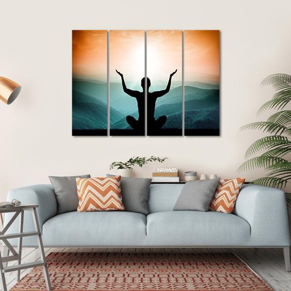 Yoga And Meditation Silhouette Of Man On The Mountain Canvas Wall Art-4 Horizontal-Gallery Wrap-34" x 24"-Tiaracle