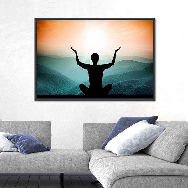 Yoga And Meditation Silhouette Of Man On The Mountain Canvas Wall Art-5 Horizontal-Gallery Wrap-22" x 12"-Tiaracle