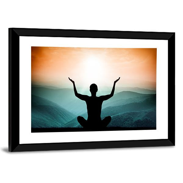 Yoga And Meditation Silhouette Of Man On The Mountain Canvas Wall Art-5 Horizontal-Gallery Wrap-22" x 12"-Tiaracle