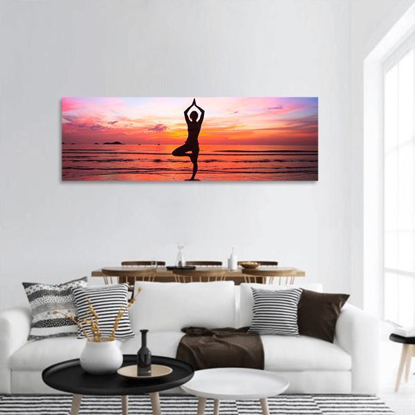 Yoga At Seaside Panoramic Canvas Wall Art-1 Piece-36" x 12"-Tiaracle