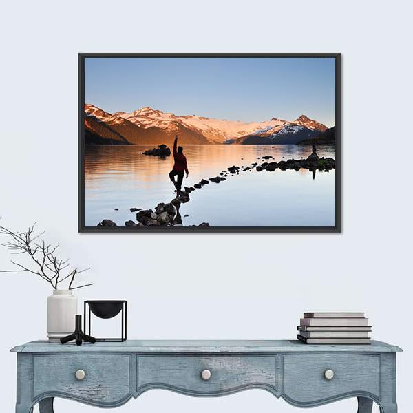 Yoga Girl In Garibaldi Lake Canvas Wall Art-1 Piece-Floating Frame-24" x 16"-Tiaracle