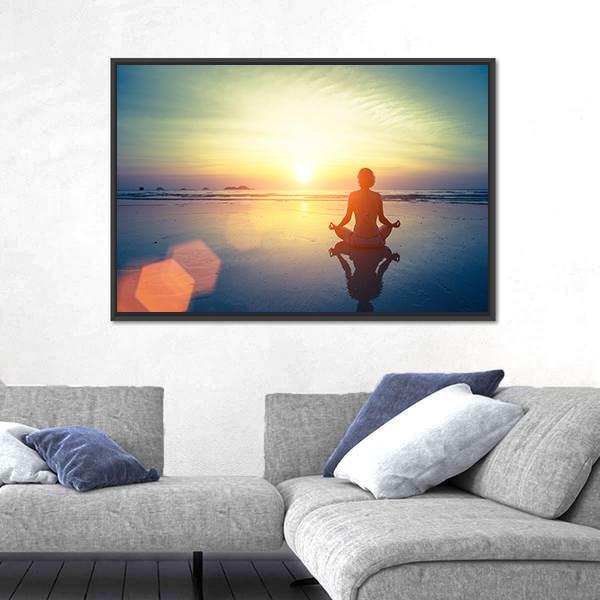 Yoga Woman At Sunset Panoramic Canvas Wall Art-1 Piece-36" x 12"-Tiaracle
