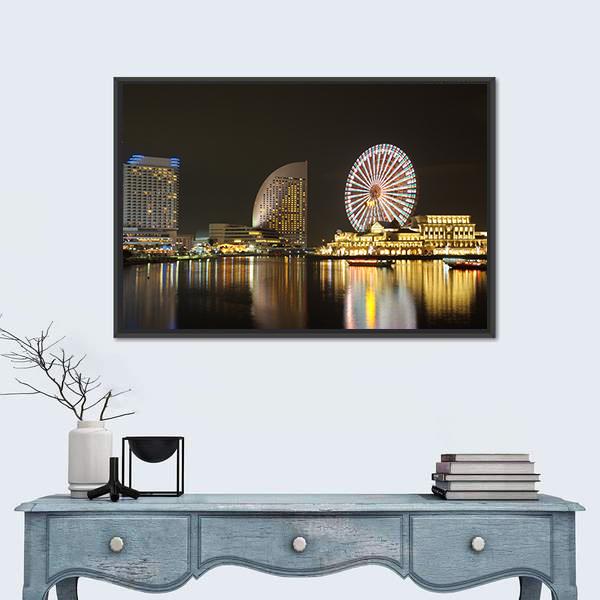 Yokohama Skyline At Minato Mirai Area At Night View Canvas Wall Art-1 Piece-Floating Frame-24" x 16"-Tiaracle