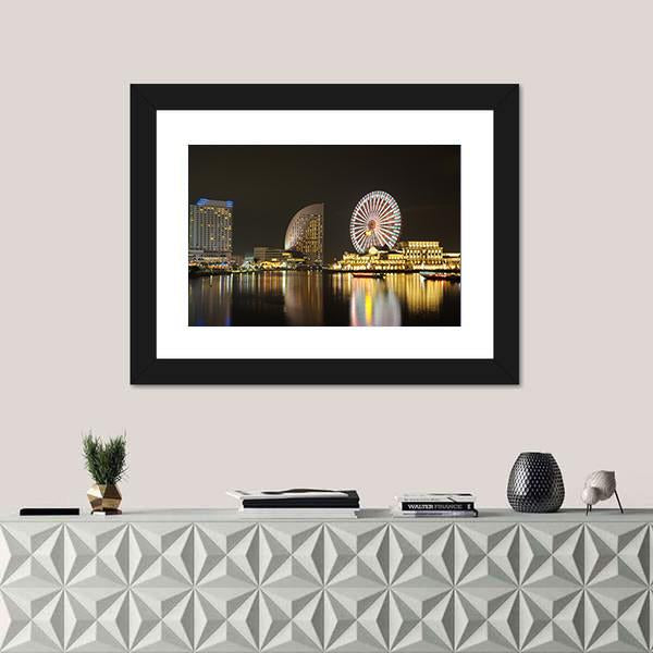 Yokohama Skyline At Minato Mirai Area At Night View Canvas Wall Art-1 Piece-Framed Print-20" x 16"-Tiaracle