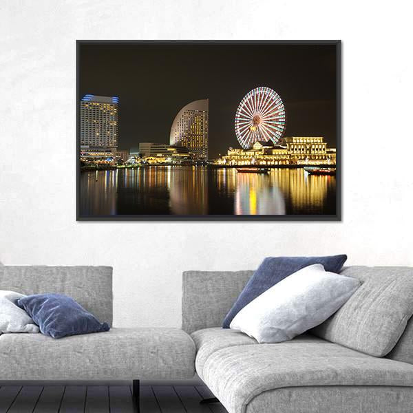 Yokohama Skyline At Minato Mirai Area At Night View Canvas Wall Art-3 Horizontal-Gallery Wrap-25" x 16"-Tiaracle